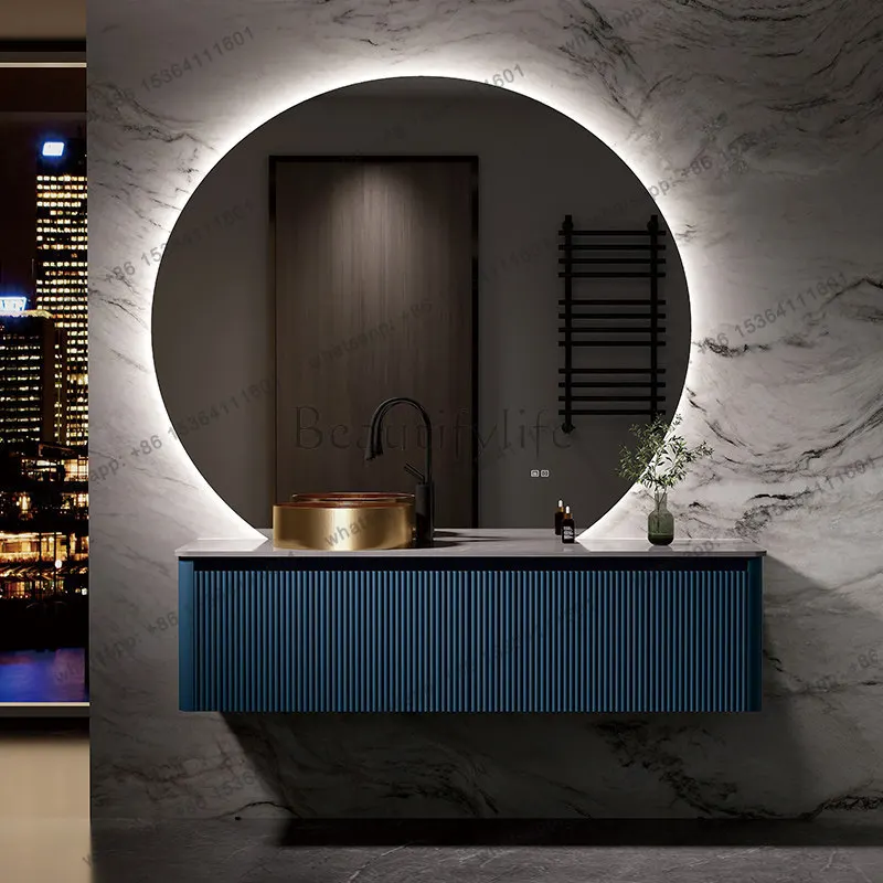 French rock slab bathroom cabinet combination light luxury gold countertop basin solid wood baking paint customization