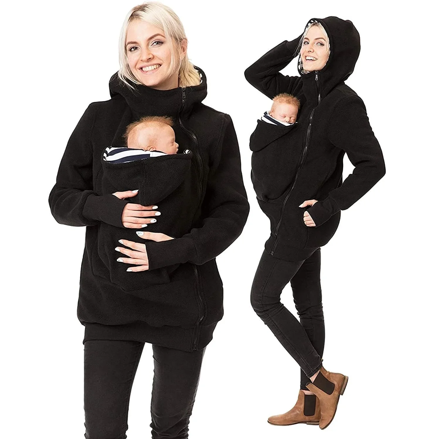 Women\'s Thick Warm Kangaroo Baby Carrier Hoodie Sweatshirt for Mom and Baby Maternity Coat Fleece Jacket