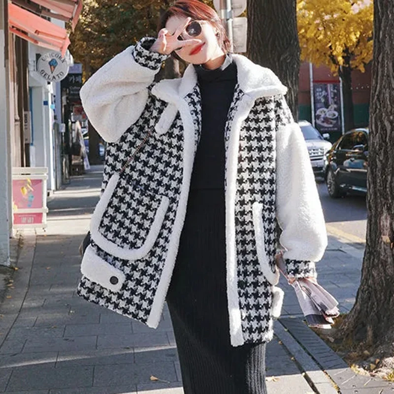 

Women's Plaid Woolen Jacket, Thickened Warm Outerwear, Korean Imitation Lamb Wool Coat, Casual Trench Coats, Female, Autumn, Win