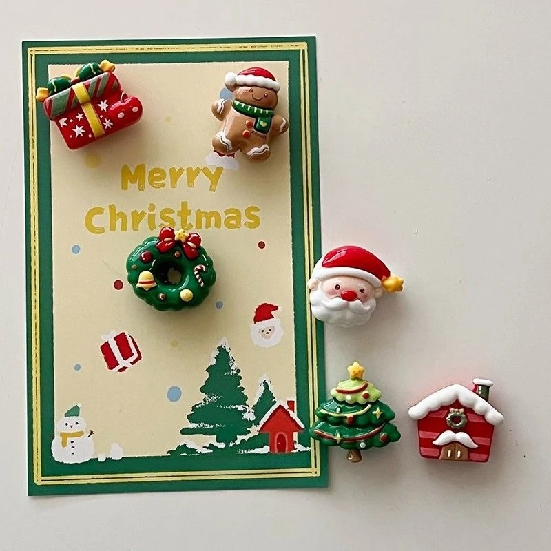 6Pcs Christmas Fridge Magnets Santa Gingerbread Man Wreath House Xmas Tree Cute Refrigerator Sticker