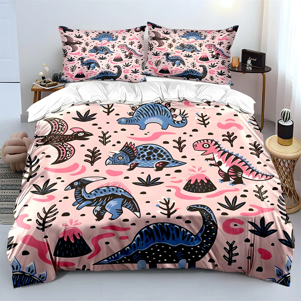 Cartoon dinosaurs with volcanic background Bedding Set 1 Duvet Cover 2 Pillowcases for Adult and Children Luxury Gift Full Size