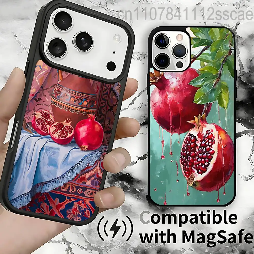 

Fruit Pomegranate Painting Magnetic Phone Case For IPhone 14 16 17 13 12 11 15 Pro Max Plus For Magsafe Wireless Charge Cover