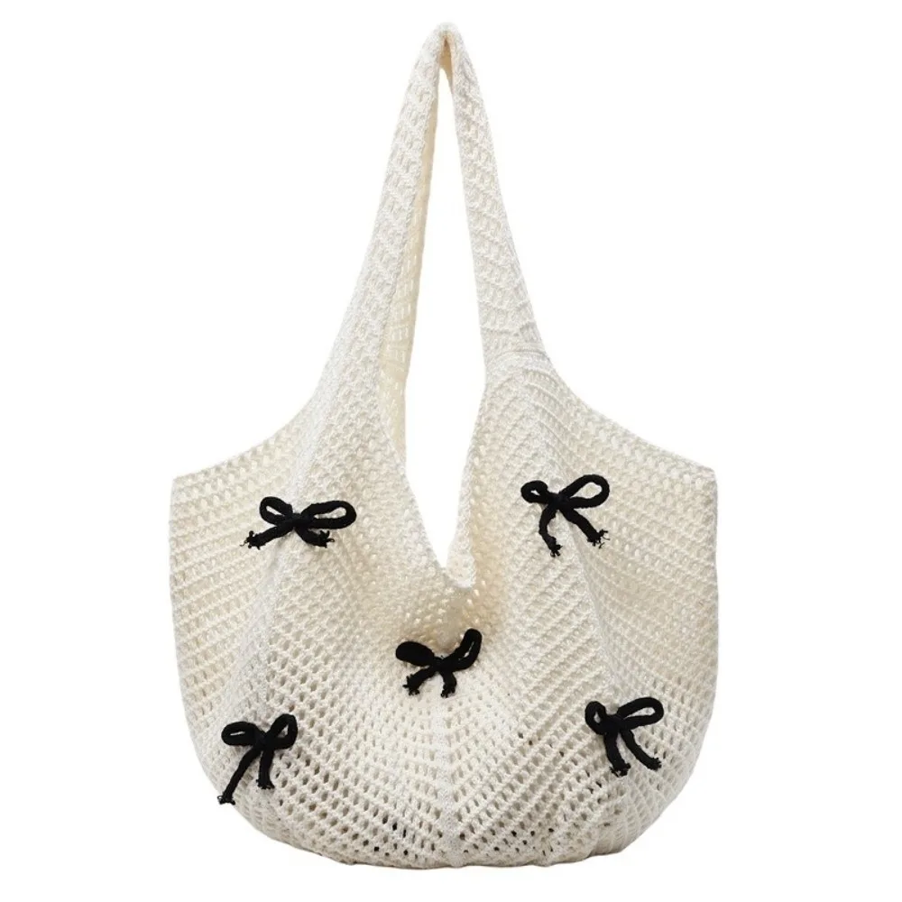 

Portable Bow Knitted Shoulder Bag Bohemian Large Capacity Weave Handbag Bowknot Leisure Crochet Tote Bag Picnic