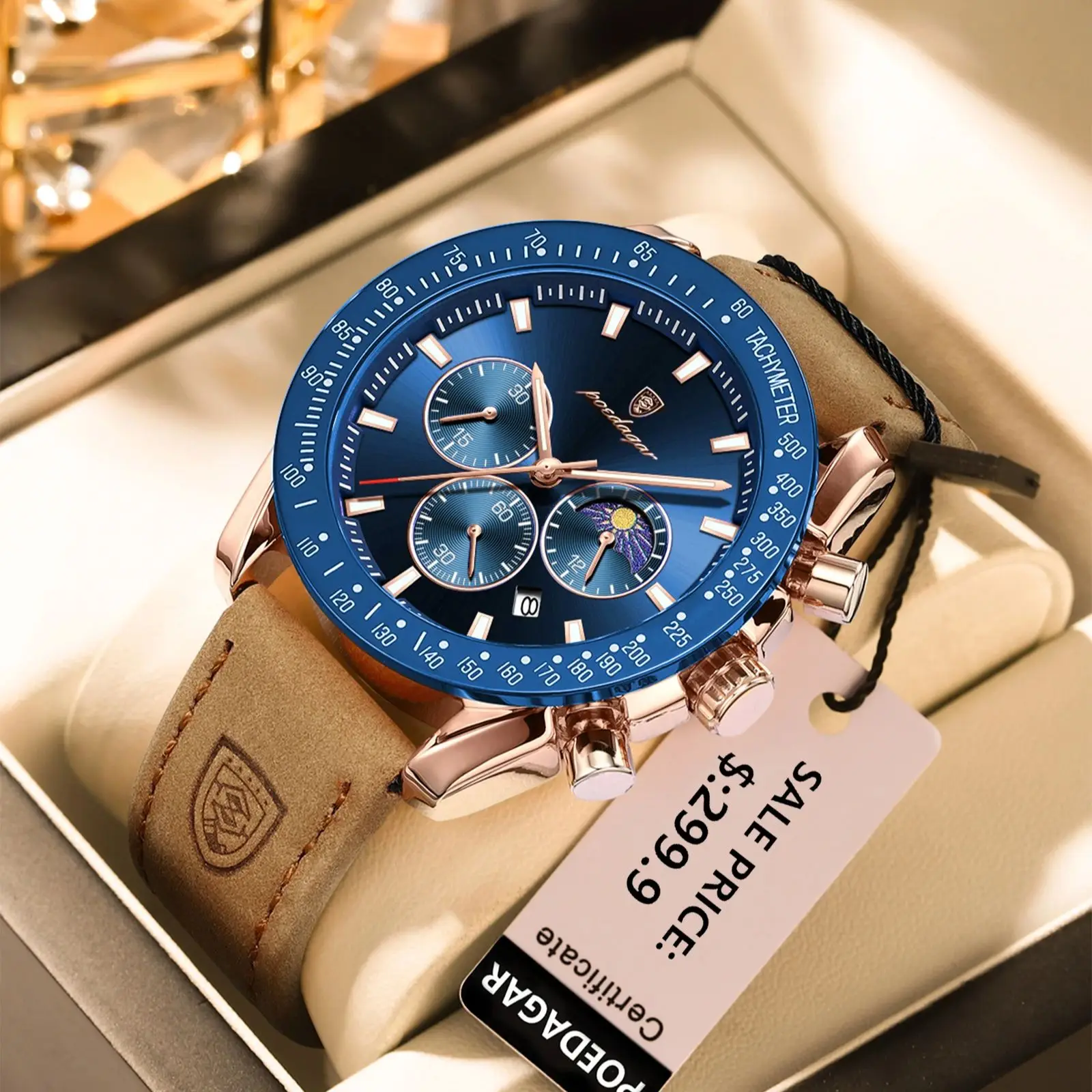 POEDAGAR-reloj deportivo de lujo para hombre, cronógrafo luminoso de cuero, resistente al agua, de cuarzo