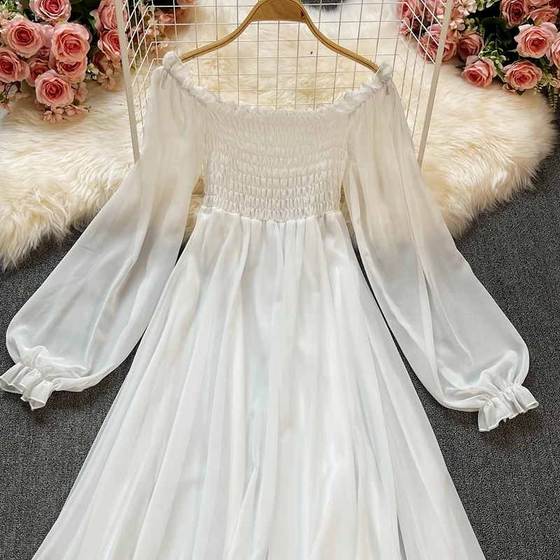Nuove donne primavera autunno eleganti abiti da festa manica a sbuffo Slash Neck Off spalla Smocked abiti in Chiffon bianco