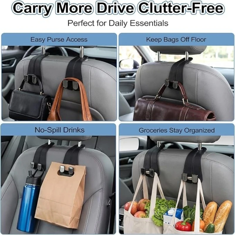 2-in-1 Auto-Kopfstützenhaken Universelle Doppelhaken-Aufhänger für Handtaschen, Lebensmittelflaschen, Auto-Innenraum-Organizer – Detail 4