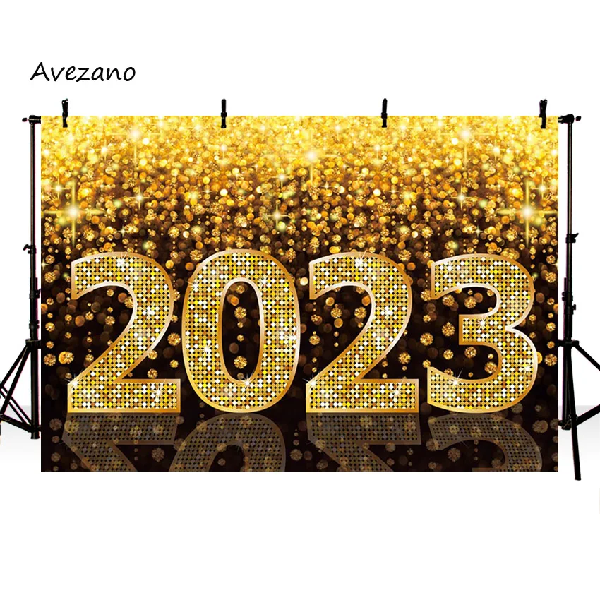 Avezano ano novo fotografia fundo champanhe ouro glitter balão fogos de artifício 2023 festa decoração do feriado cenário foto estúdio