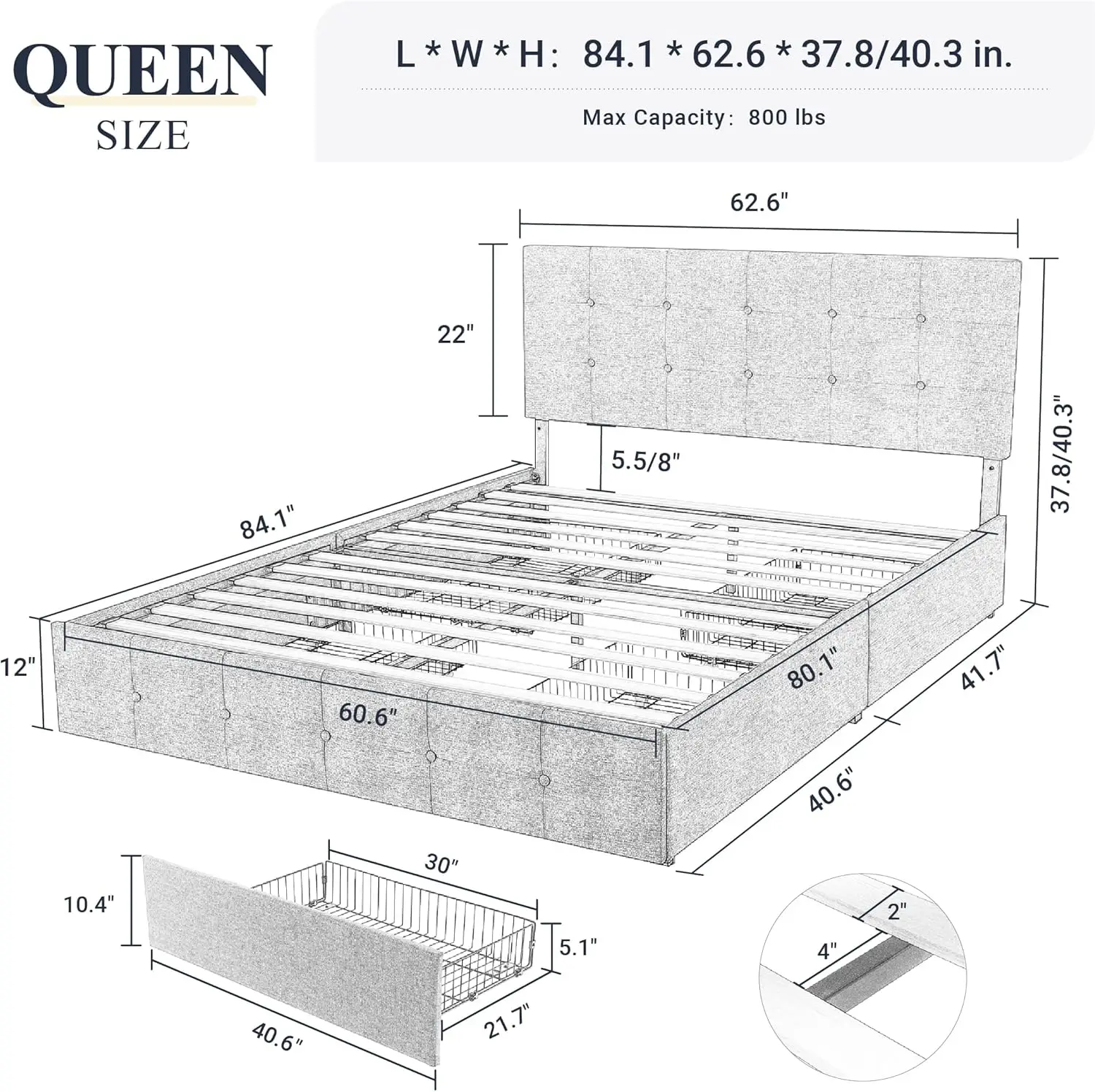 Upholstered Queen Size Platform Bed Frame with 4 Storage Drawers & Headboard, Square Stitched Button Tufted, Light Grey