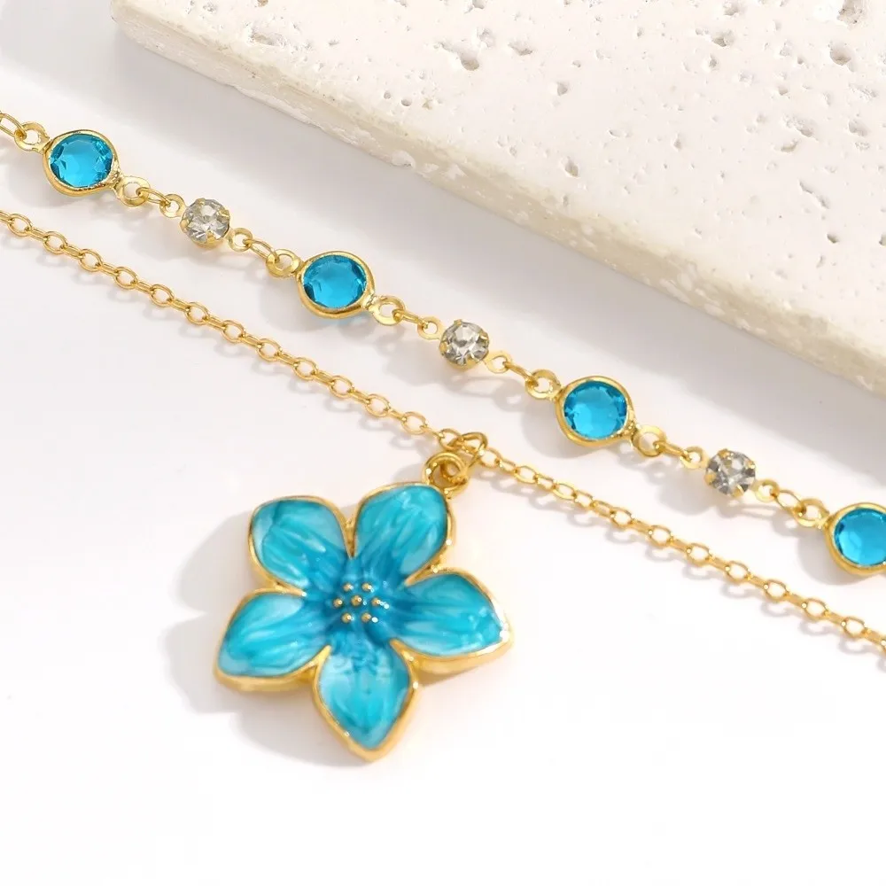 2Pcs/Set Pink Crystal Flower Pendant Necklace Gold Plated Double Layer Clavicle Chain Necklace Zircon Accent Layered Necklace