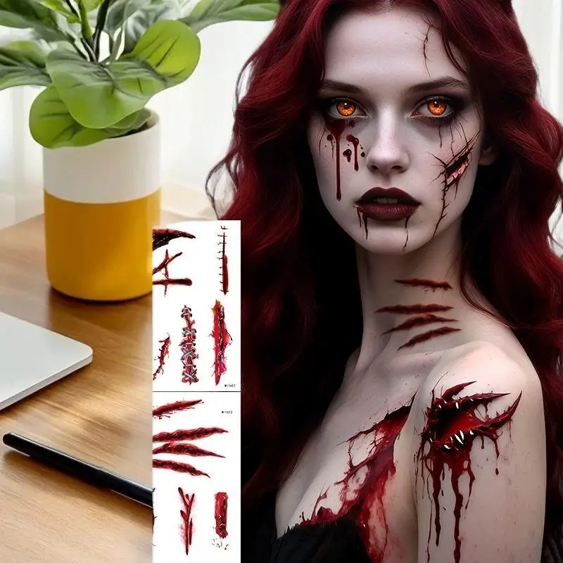 

1 Sheets Halloween Scar Tattoos Stickers Temporary Bloodstain Wound Costume Festival Celebration Make Up Arm Face Tattoo
