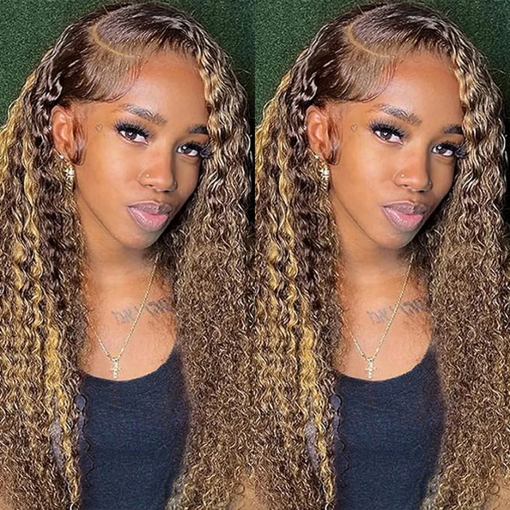 

Deep Curly Wigs Highlight Ombre Brown 13x4 Transparent Lace Front 4/27 Colored Brazilian Virgin Human Hair With Baby Hair