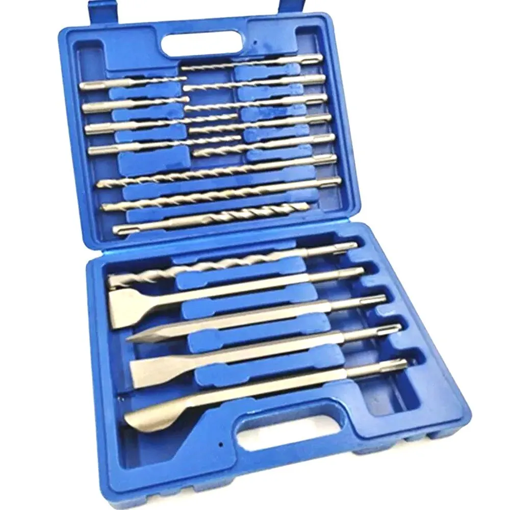 

17 bit sets, electric hammer bits, hole cutters, plastic boxes