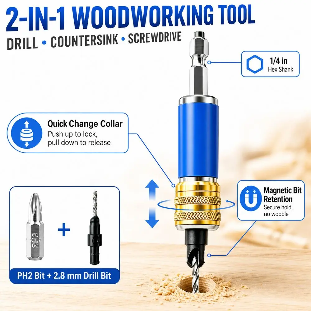 2in 1 Woodworker Countersink Drill Bit Quick Change Hex Shank Combination Drill Bit Magnetic Bit Retention
