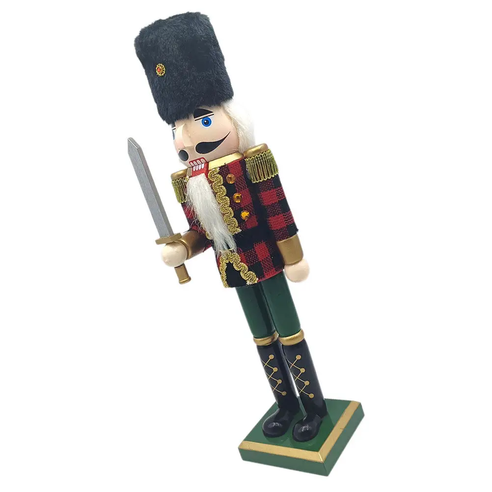 

Wood Nutcracker Soldier Christmas Ornament Handcrafted Royal Style Festive Plaid Fabric Traditional Holiday Nutcracker