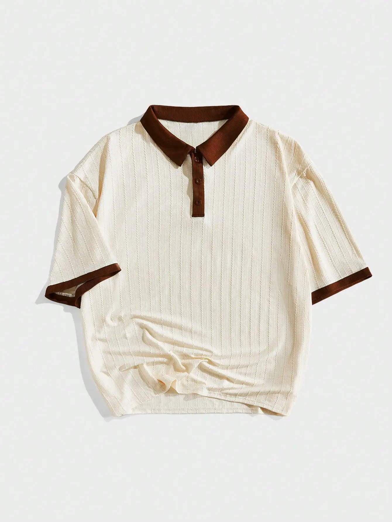 

Cream Ribbed Knit Polo Shirt with Brown Collar and Cuffs, Short Sleeve Casual Summer Top
