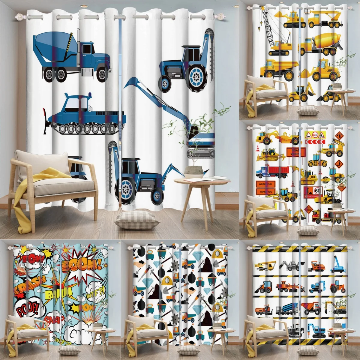 2pcs/set Cartoon Car Themed Boy Bedroom Farm Construction Truck Tractor Pattern Drapes Living Room Playroom Room Decor Curtain