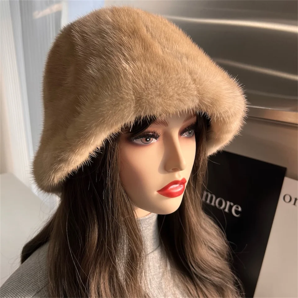 Mink Fur Beanie for Girls100% Real Mink Soft Thickened Furry Beret Ladies Hat Elegant Winter Outdoor Windproof Warm Hat