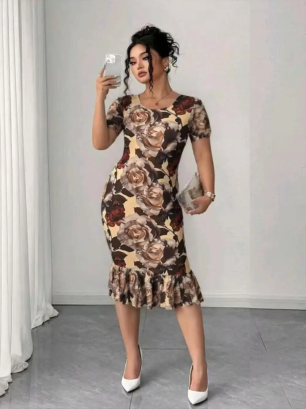 Vestido midi vintage con estampado floral y volantes para mujer de talla grande, vestido de verano de tela jersey con cuello redondo de poliéster y spandex