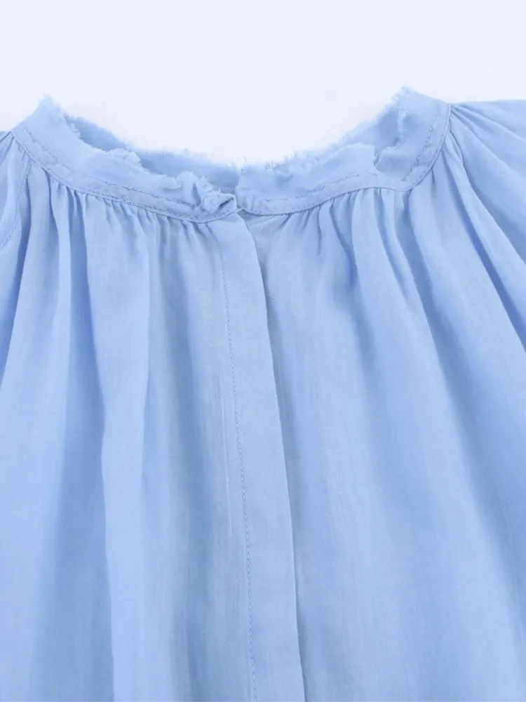 Casual Loose Shirt For Women Sexy See-Through Lace Up Long Sleeved Blouse Female 2025 New Summer Chic Sweet White Blue Shirts