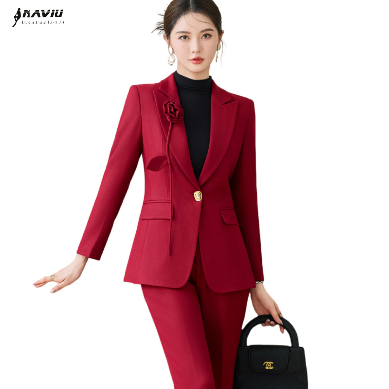 NAVIUE بدلة نسائية أنيقة مجموعة الخريف الشتاء موضة مزاجه الراقية مقابلة رسمية السترة والسراويل مكتب سيدة ملابس العمل