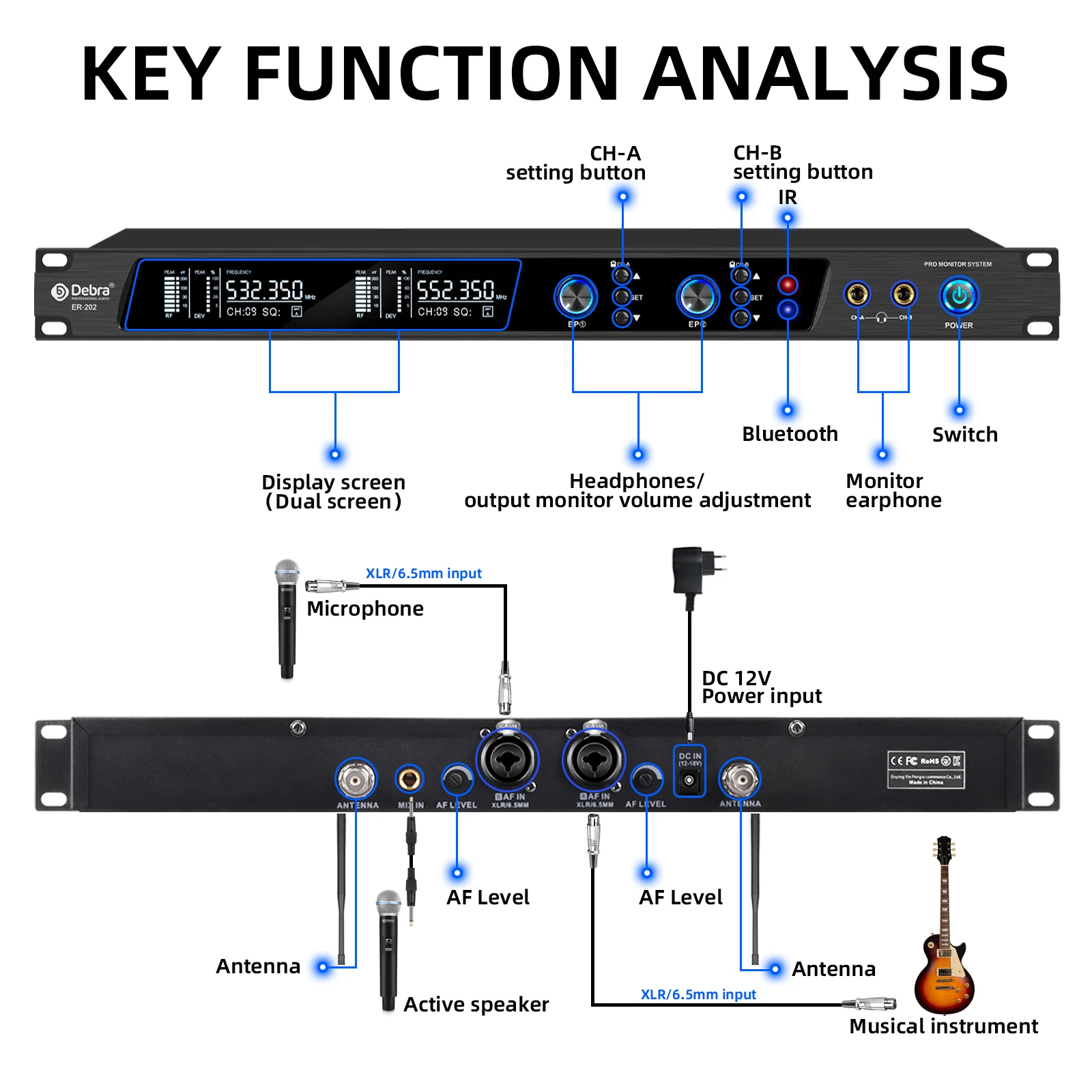 Debra ER-202 profession elle uhf drahtlose In-Ear-Monitor-System, Bluetooth 5.0, mit mehreren Sendern, für Bühnen aufführungen