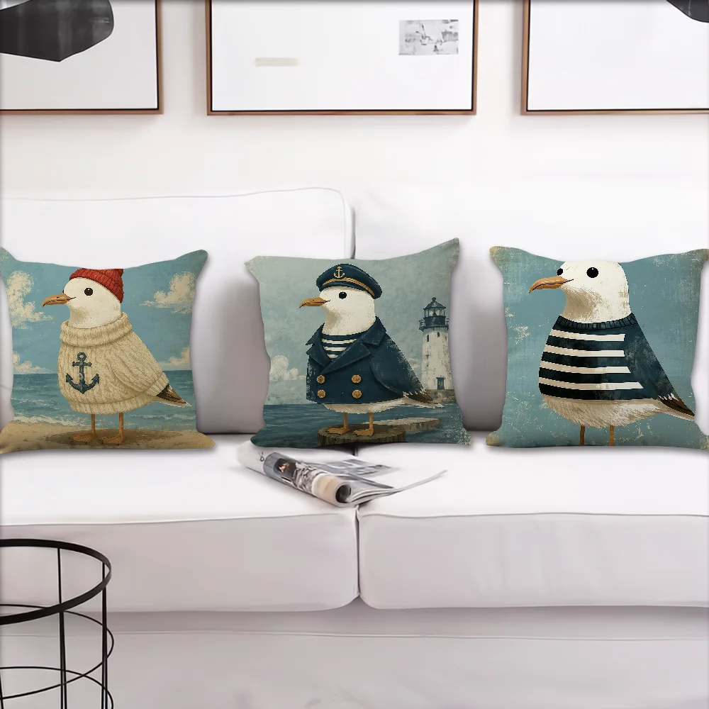 A Cute Seagull In A Striped Sweater Cushion Cover For Pillow Printing Sofa Decoration Home Car Room Shop Office NordicSimplicity