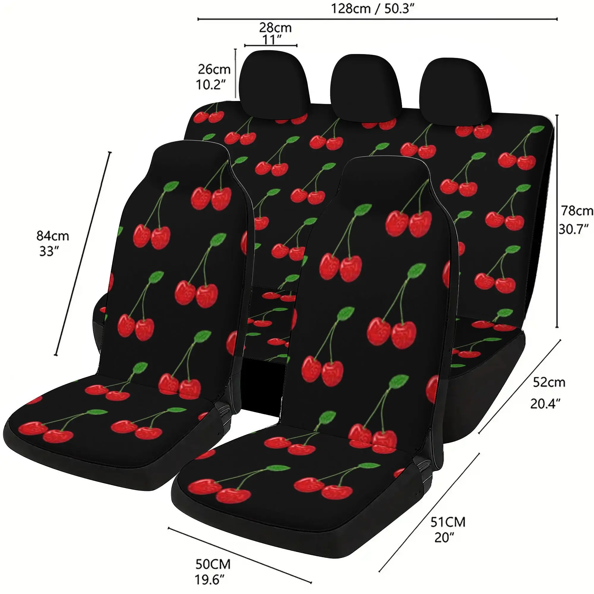 Quick Delivery Of Red Cherries On Black Universal 5-Seat Car Seat Covers Complete Set With 2 Front Seats And 3 Headrest Covers,