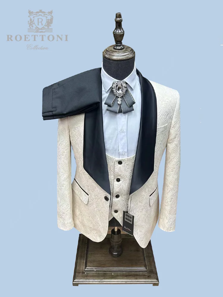 

New High Quality Wedding Party Men Suits Silm Fit Jacquard Three Pieces Banquet Stage Show Dress Tuxedo England Style Popular