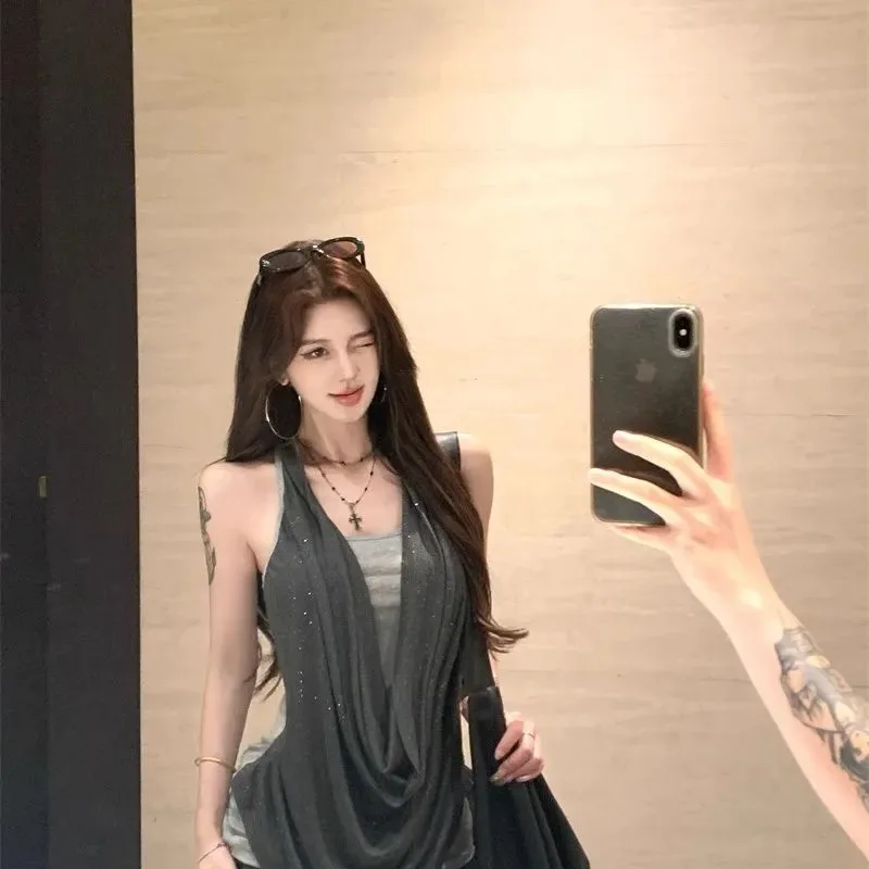 Women's Sleeveless Tank Top Gray Casual Sleeveless Vest Loose Fit Summer Streetwear Basic Top