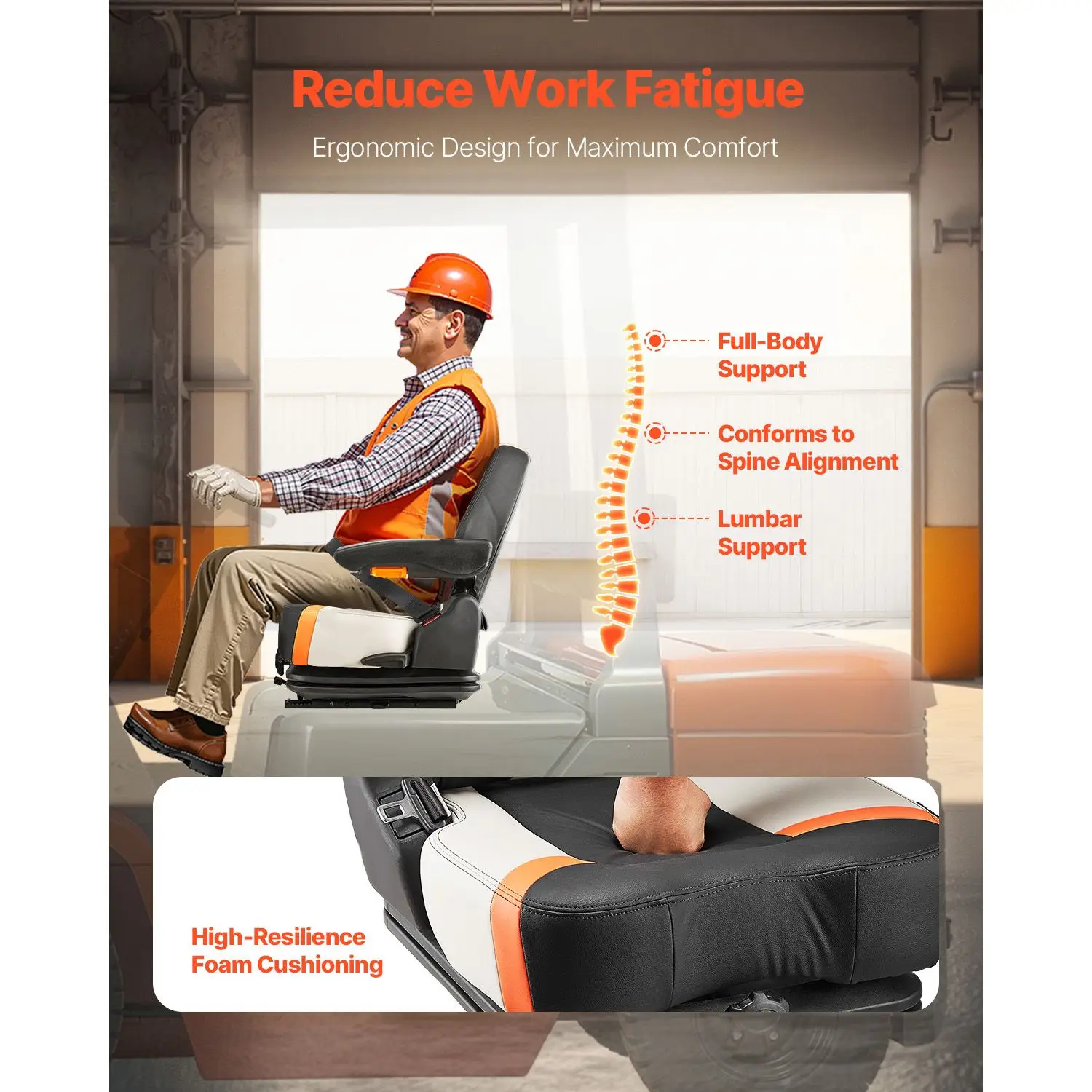 Universal Forklift Seat, Tractor Suspension Seat with Adjustable Back, Armrest & Safety Belt, Secure Fold Down Tractor Seat with