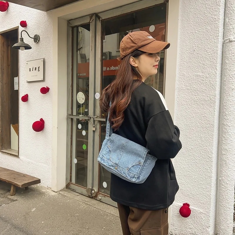 Women's One Shoulder Diagonal Straddle Bag Tote Bag Fashionable Denim Bag Solid Color Versatile Large Capacity Personalized