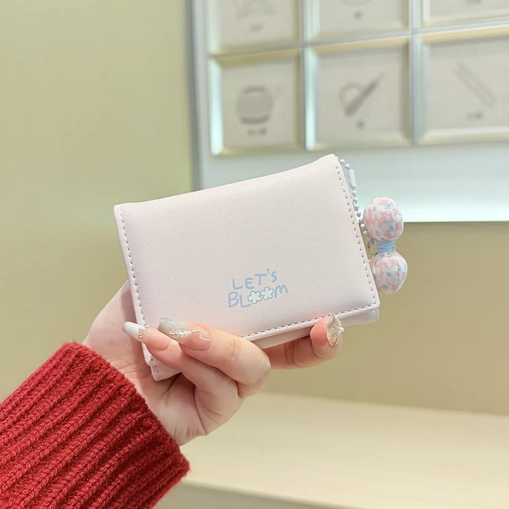

Versatile Portable Candy Color Wallet Pouch with Bow Pendant Short Leather Purse PVC Multiple Card Three Fold Card Bag Women