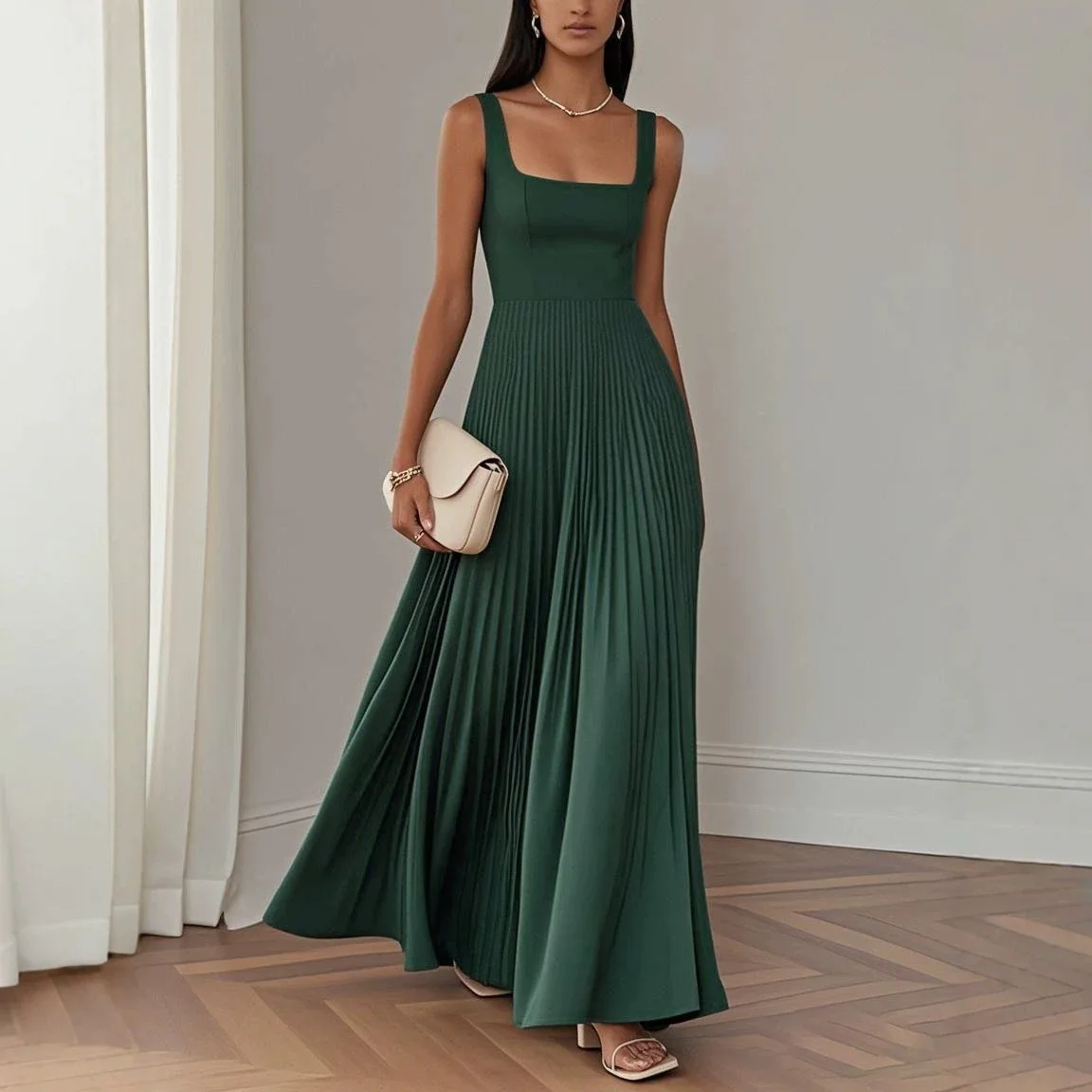 Nuovo Abito da Sera Estivo per Donne, Stile Retrò Francese con Scollo Quadrato e Spalline Sottili, Vestito da Festa