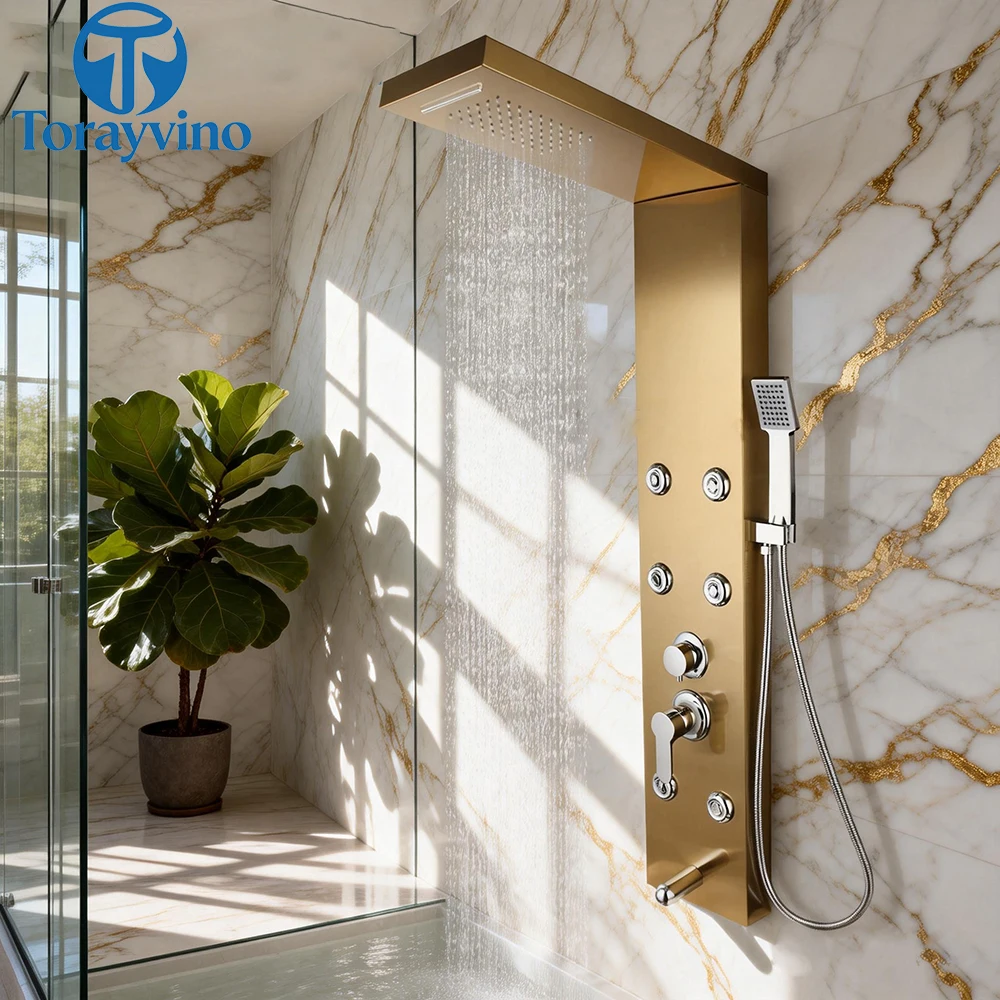 Torayvino Luxury Gold Bathroom Faucet Shower Panel Body Massage Outdoor Shower System  Set Column Tap With Shelf Combo Kit