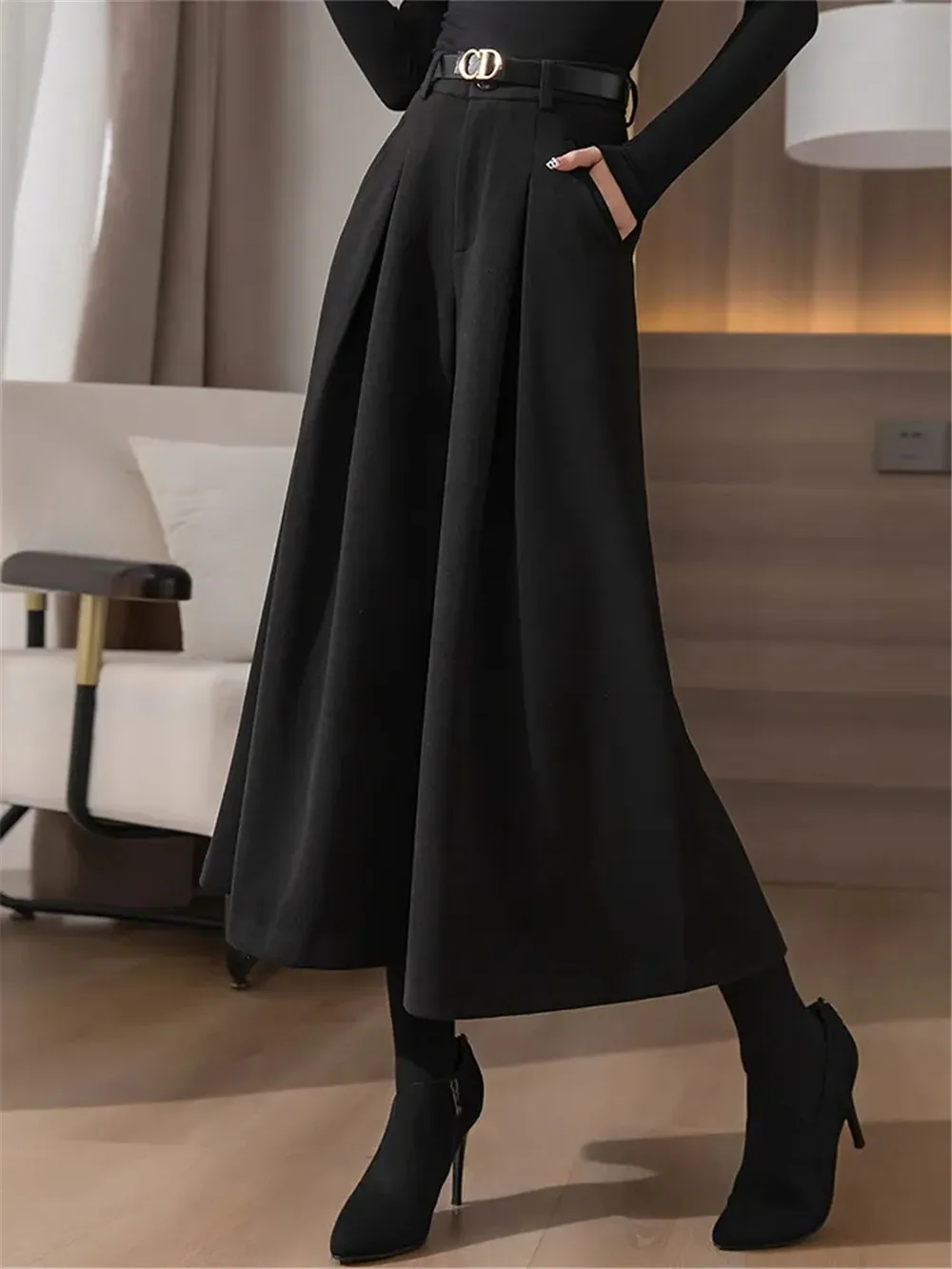 Wool Wide Leg Baggy Thicken Warm Trousers Women Autumn Winter New High Waist Mom Skirt Pants Plus Size Culottes With Belt 3xl