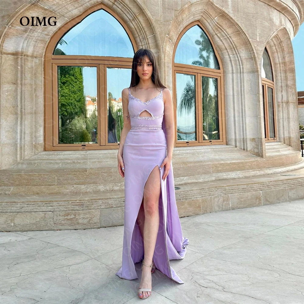 

OIMG Lavender Side Slit Dubai Arabic Shiny Sequins Evening Dresses Spaghetti Beach Floor Length Prom Gowns Formal Party Dress