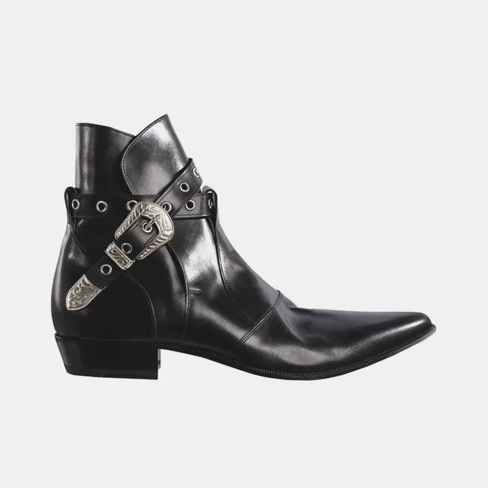 

Rock Stage Eyelet Crossed Strap Metal Hasp Ankle Boots Gentleman Cow Leather Retro Gained Buckle Chelsea Boots Shoes Zapato