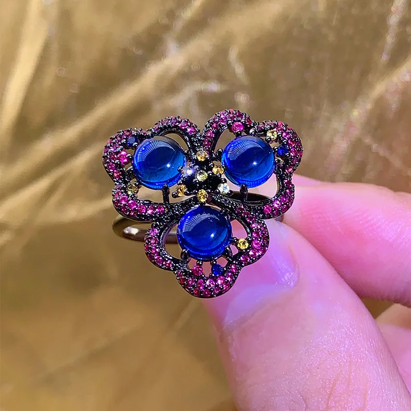 Exquisite Adjustable Statement Ring Hollow Flower Butterfly with Blue Red Gemstone Clusters Trendy Fashion Jewelry for Women