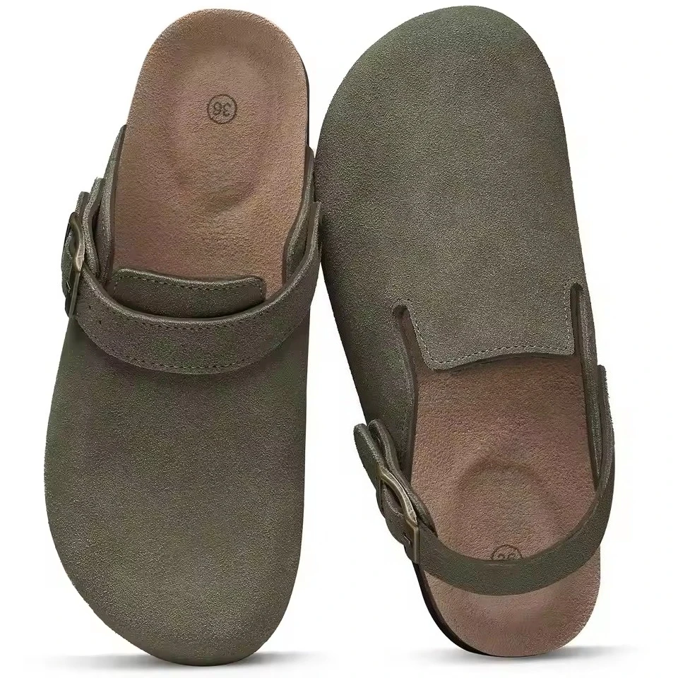 Comwarm Fashion Women's Suede Mules Slippers Men Clogs Cork Insole Sandals with Arch Support Outdoor Beach Slides Home Shoes
