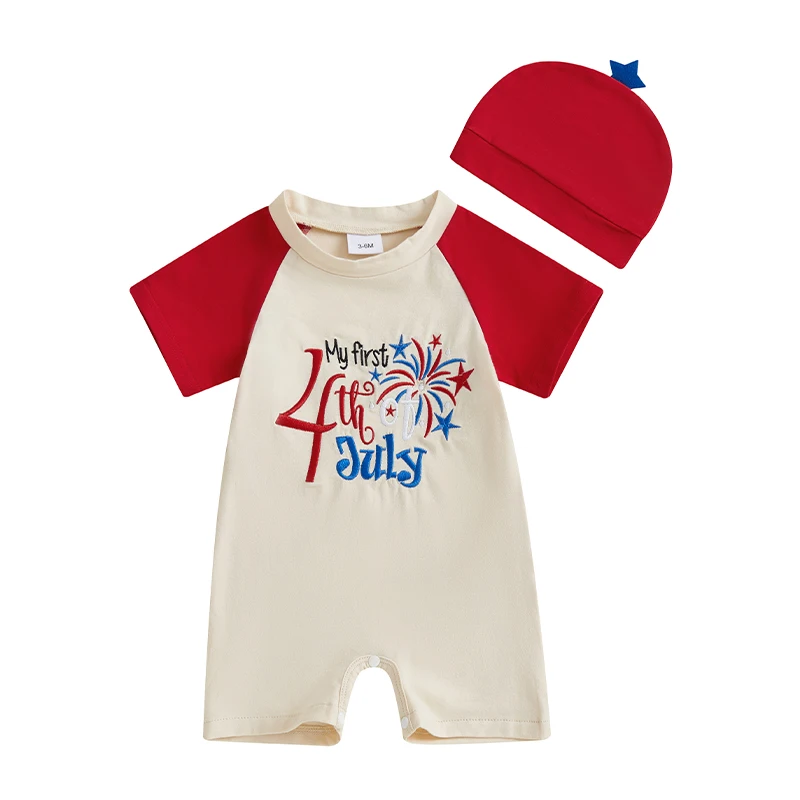 

Baby Boy 4th of July Outfits Fireworks Letter Embroidery Short Sleeve Round Neck Jumpsuit with Hat