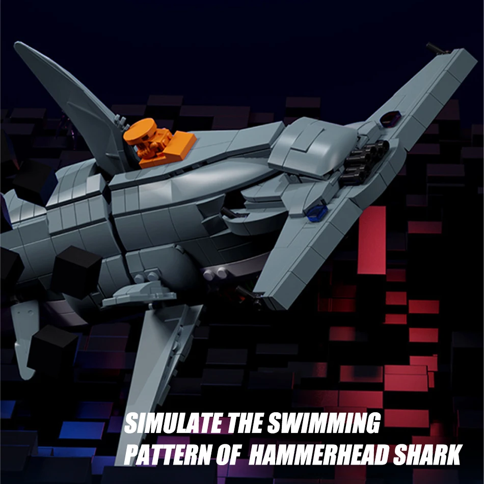 Juego de bloques de construcción de tiburón Hammerhead mecánico con soporte de exhibición y conexión de engranajes, modelo de tiburón de la vida marina, juguete para regalo para niños