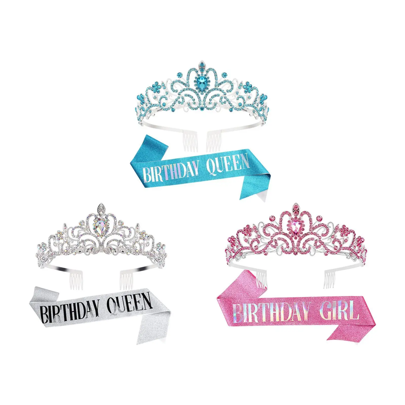 Birthday Tiara Set Party Supplies Beautiful Shiny Letter Printed Ribbon Birthday Adornment for Gifts Kids Adults Women Girls