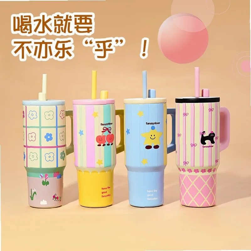 High looks Dopamine Giant Thermos Bottle Hot Cold Cup Large Capacity 2-in-1Leakproof Ice Ba Mug Stainless Steel Office CoffeeCup