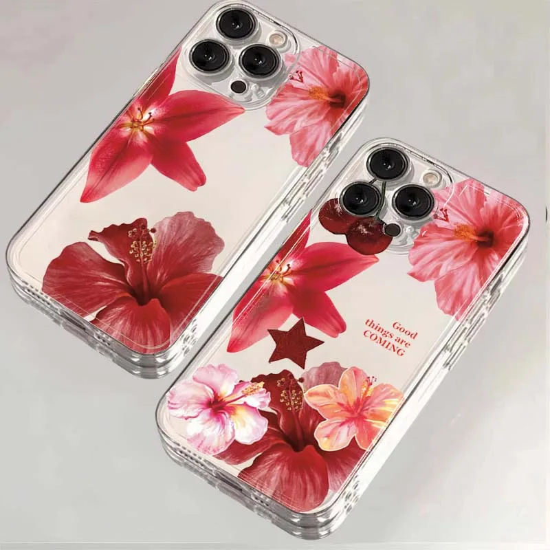 

Cute Cherry Flower Print Phone Case For iPhone 16 15 14 13 12 11 Pro Max Mini X XS SE 7 8 Plus 16E Shockproof Transparent Cover
