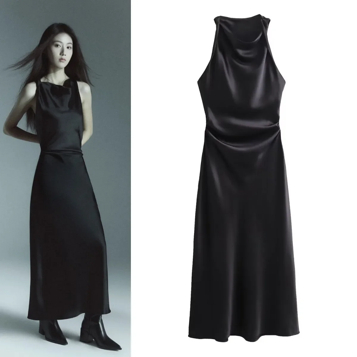 LIBIELIY Spring/summer New Women's Elegant Fashion Wrinkled Silk Satin Party Sexy Slim Sleeveless Dress