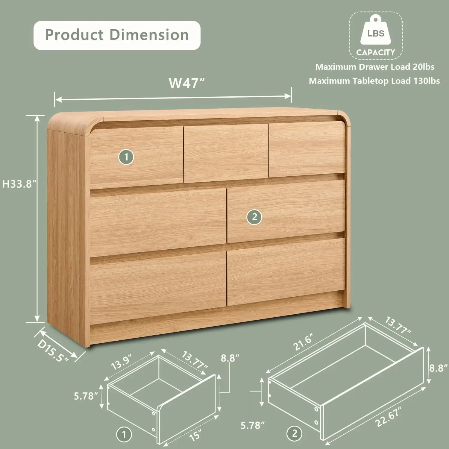 Modern 7 Drawers Dresser, 47