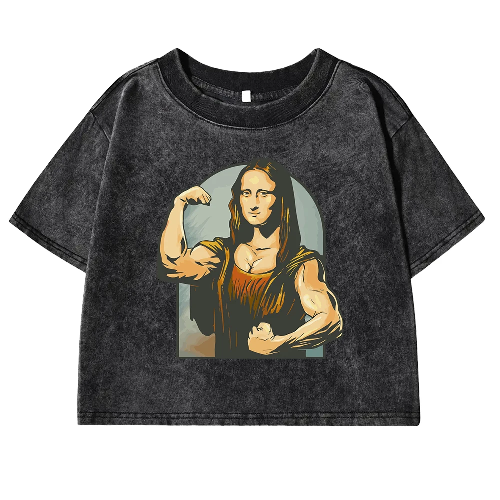 تي شيرت قطني مطبوع للإناث ، ملابس لياقة بدنية كلاسيكية ، ملابس ضيقة ، قمصان رياضية رائعة ، لعب الناس على مونا ليزا ، الصيف