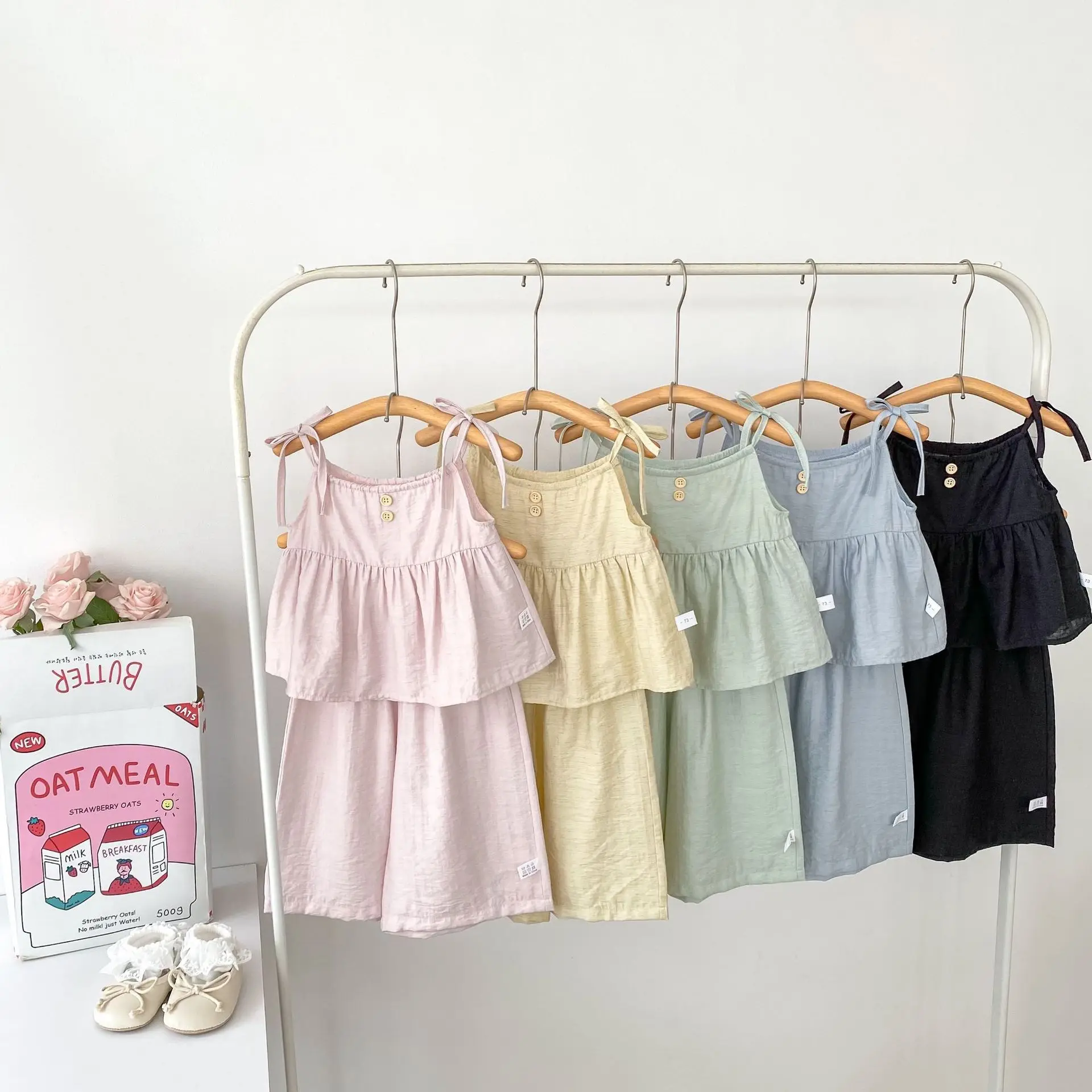 

2025 Summer New Baby Sleeveless Clothes Set Girls Solid Thin Sling Tops + Wide Leg Pants 2pcs Suit Kids Versatile Breathable Set