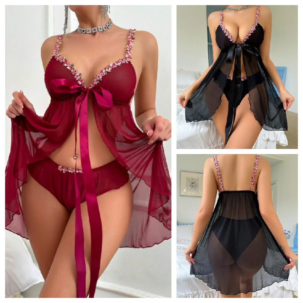 Camicia da notte chemise trasparente in pizzo sexy taglie forti - Indumenti da notte sensuali per donna