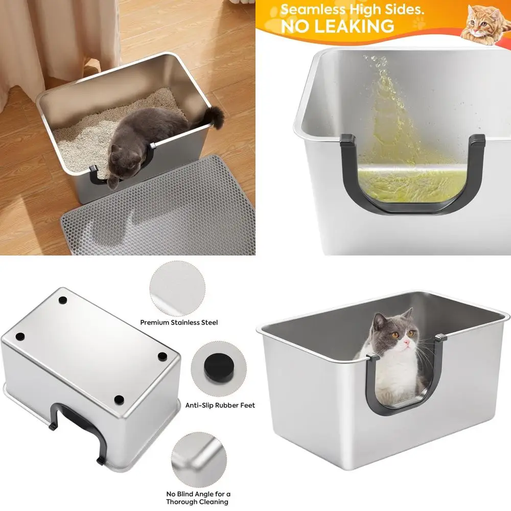 

Большой лоток для кошек из нержавеющей стали с 12 высокими бортиками для контроля над мочой и наполнителем, подходит для котят и пожилых кошек, не прилипает к поверхности.